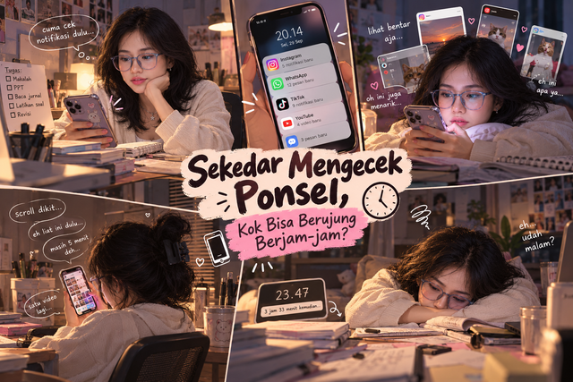 Ilustrasi seseorang yang terdistraksi oleh ponsel saat sedang belajar atau mengerjakan tugas. (Sumber: Ilustrasi AI dari Dokumentasi Pribadi)