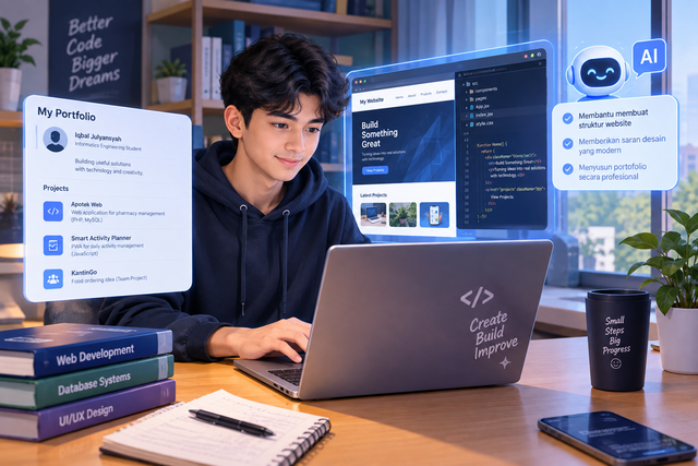 Ilustrasi mahasiswa mengembangkan website dan menyusun portofolio digital dengan bantuan teknologi AI. Ilustrasi By ChatGPT
