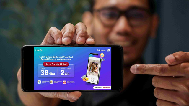 Telkomsel menghadirkan Paket Bundling Canva Pro Lite. Melalui paket bundling ini, pelanggan dapat menikmati akses konten dan fitur premium Canva Pro Lite sekaligus kuota internet Telkomsel. Tersedia bagi pelanggan SIMPATI dan Halo mulai dari Rp8.000 per hari hingga Rp38.000 untuk 30 hari. Foto: Telkomsel