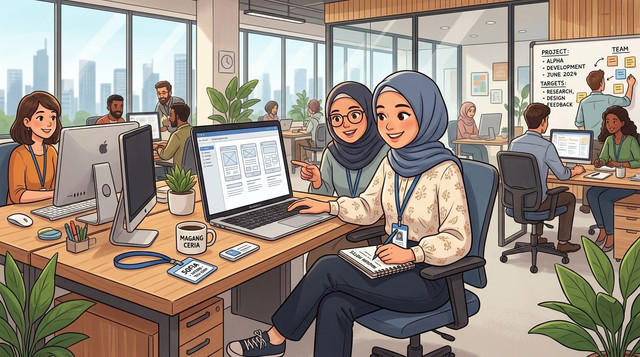 Mengikuti program magang di perusahaan. (Ilustrasi dibuat menggunakan SORA)