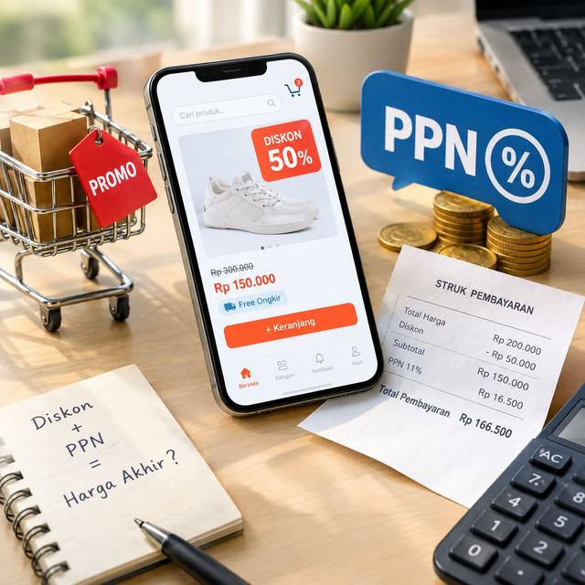 Ilustrasi belanja online yang menunjukkan hubungan antara promo, diskon, dan PPN dalam menentukan harga akhir transaksi. Dokumentasi pribadi/ilustrasi dibuat menggunakan AI (ChatGPT)