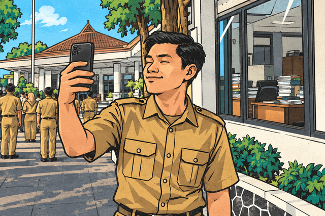 Ilustrasi presensi swafoto ASN: berkedip, tersenyum, lalu tercatat hadir. Ilustrasi: dibuat penulis dengan AI (ChatGPT).
