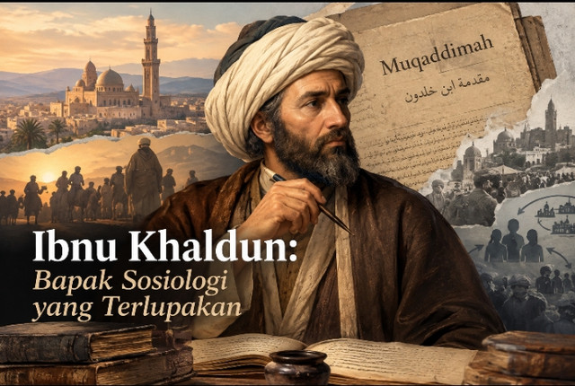 Ilustrasi dibuat menggunakan AI. Visual Ibnu Khaldun merupakan representasi artistik, bukan foto asli.
