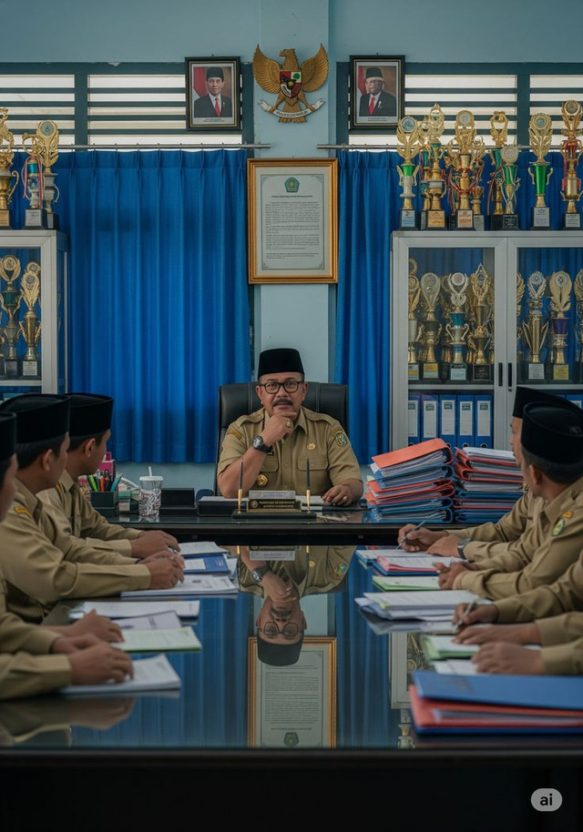Kepala sekolah sedang memimpin rapat guru.sumber gambar: ilustrasi ai
