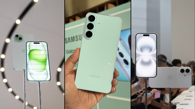 Samsung Galaxy S26 FE (tengah), iPhone 15 (kiri), dan iPhone 16 (kanan). Foto: Kevin S. Kurnianto/kumparan, Juliana Yamada/AP PHOTO, Nic Coury/AFP