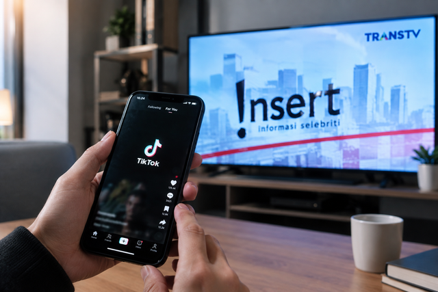 Ilustrasi seseorang yang melihat konten pada aplikasi tiktok dan melihat tayangan yang sama pada program acara TV. Foto: dibuat dengan AI menggunakan OpenAI.
