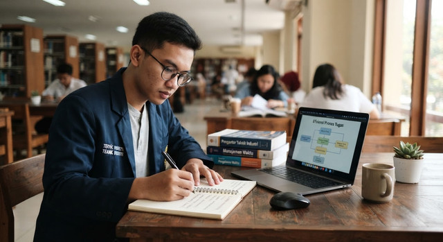 Ilustrasi mahasiswa produktif yang sedang mengatur jadwal tugas kuliah dengan laptop dan buku catatan. (Sumber: Ilustrasi AI)