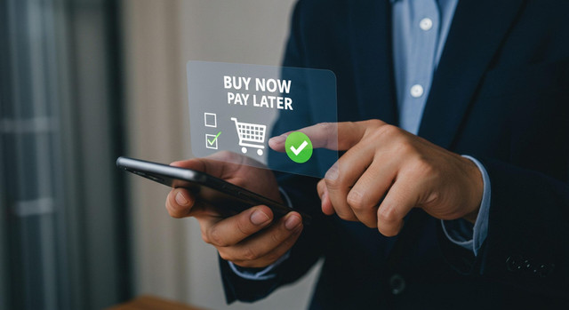 penggunaan Paylater melalui smartphone, menggambarkan kemudahan transaksi sekaligus perlunya mengendalikan penggunaannya agar tidak menjadi kebiasaan konsumtif. Foto : AI Source