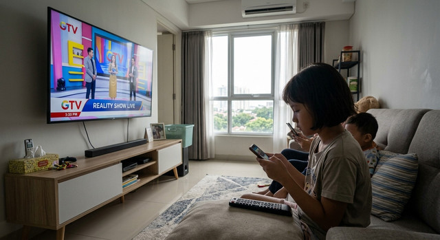 Ilustrasi pemirsa anak-anak yang sedang memainkan gadget karena beralih ke platform digital on-demand dan tayangan TV yang seharusnya menayangkan acara TV anak-anak tapi kini berubah menjadi tayangan hiburan umum. Foto: dibuat dengan AI menggunakan Google Gemini.