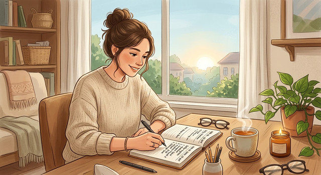 Ilustrasi seseorang sedang merencanakan aktivitas harian dengan suasana pagi yang tenang. Notebook, minuman, dan meja kerja menggambarkan kebiasaan sederhana untuk memulai hari dengan lebih teratur dan produktif.Foto/ilustrasi tersebut adalah hasil generasi Kecerdasan Buatan (Al)