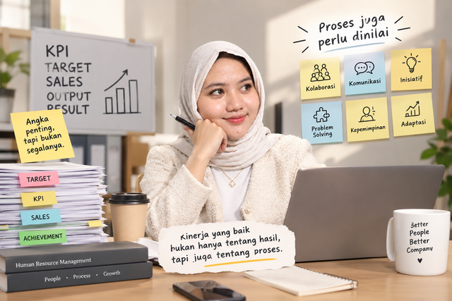 Penilaian kinerja tak cukup melihat angka dan target. Proses, kolaborasi, komunikasi, inisiatif, dan kontribusi karyawan juga perlu diperhatikan. (sumber: Generate AI)