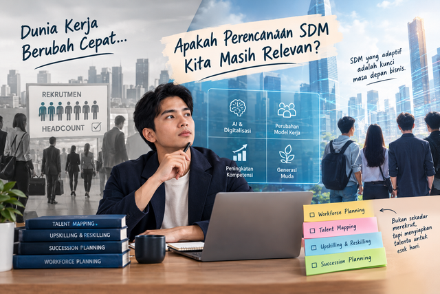 Perubahan dunia kerja menuntut perencanaan SDM yang adaptif, dari rekrutmen hingga pengembangan talenta untuk menghadapi kebutuhan kompetensi masa depan. (sumber: Generate AI)