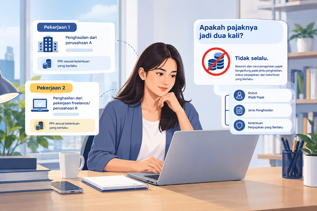 Ilustrasi: Pekerja dengan dua sumber penghasilan dan gambaran kewajiban pajaknya. (Ilustrasi AI).