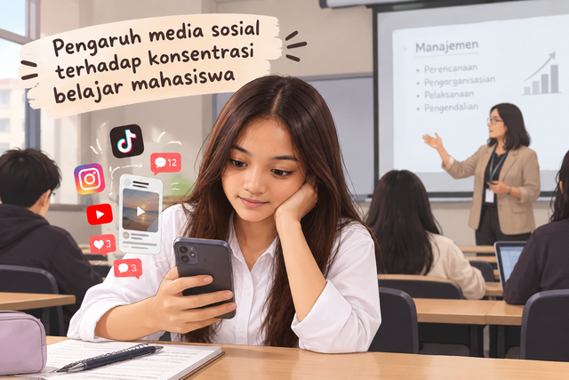 Ilustrasi Pengaruh media sosial terhadap konsentrasi belajar mahasiswa. (Sumber: buatan AI dari dokumentasi pribadi)