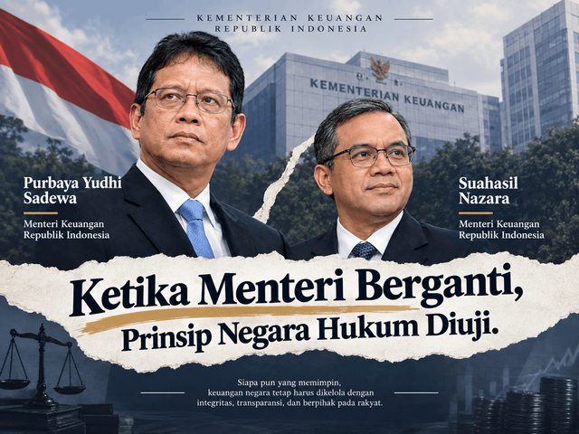 Ilustrasi purbaya yudhi sadewa dan suahasil nazara terkait pergantian menteri keuangan. visual dibuat menggunakan Chat gpt
