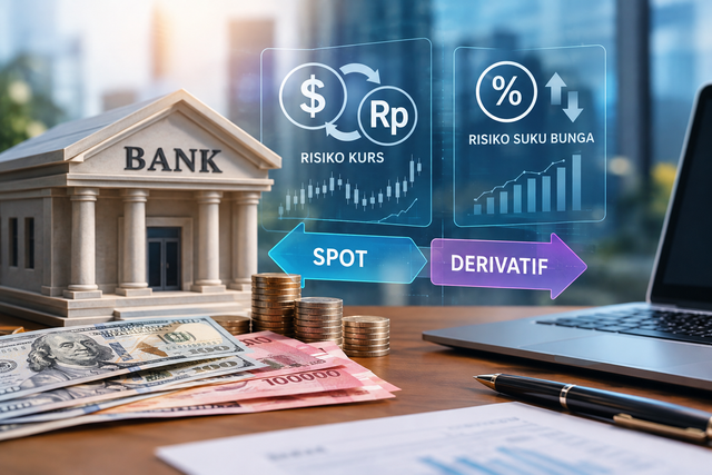 Ilustrasi risiko kurs dan suku bunga dalam aktivitas perbankan. Dibuat menggunakan AI.