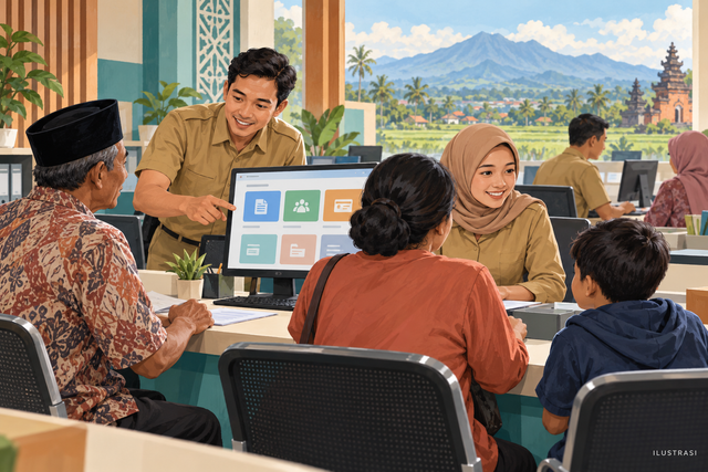 Ilustrasi ASN mendampingi masyarakat dalam pelayanan digital; bukan dokumentasi kegiatan Pemkab Banyuwangi. Sumber gambar: Ilustrasi AI melalui ChatGPT (OpenAI).