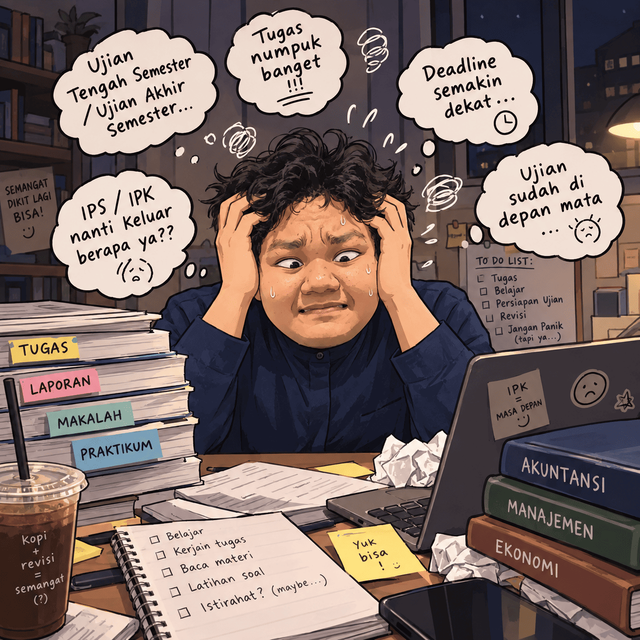 Ilustrasi Mahasiswa Sering Overwhelmed. (Sumber: AI Generated dari Dokumentasi Pribadi)