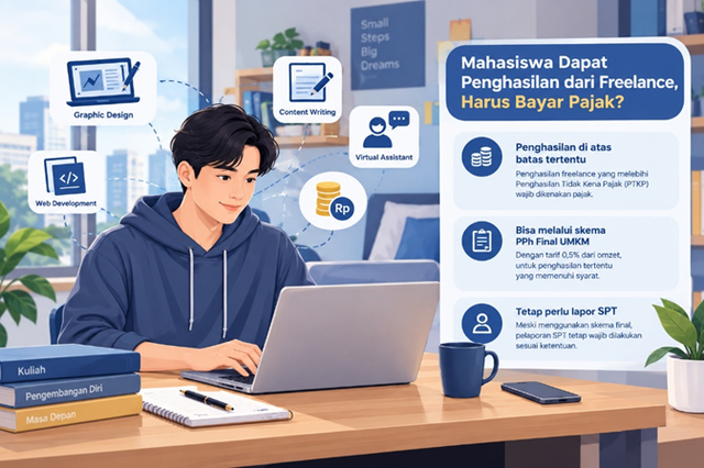 Ilustrasi : mahasiswa yang memperoleh penghasilan dari pekerjaan freelance dan perlu memahami kewajiban perpajakan sesuai jenis dan sumber penghasilannya. (Sumber: Ilustrasi AI).