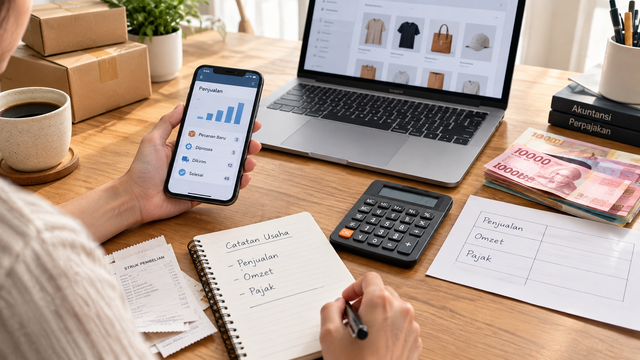 Ilustrasi penjual UMKM mencatat transaksi dan omzet usaha di tengah perubahan mekanisme pemungutan PPh melalui marketplace. Foto: Shutterstock