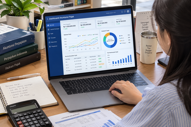 Ilustrasi Mahasiswa akuntansi sedang bekerja menggunakan laptop yang menampilkan dasbor akuntansi pajak yang elegan, lengkap dengan grafik dan data keuangan Foto : Shutterstock