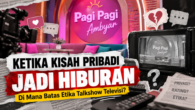 Ilustrasi etika talkshow televisi dalam mengangkat kisah pribadi sebagai hiburan pada tayangan Pagi-Pagi Ambyar. Foto: Ilustrasi AI.