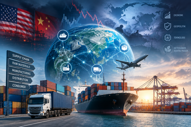 Gambar 1 : Rantai Pasok Global di Tengah Ketidakpastian Ekonomi dan Geopolitik. Sumber : Ilustrasi Gambar oleh Ai, 2026.