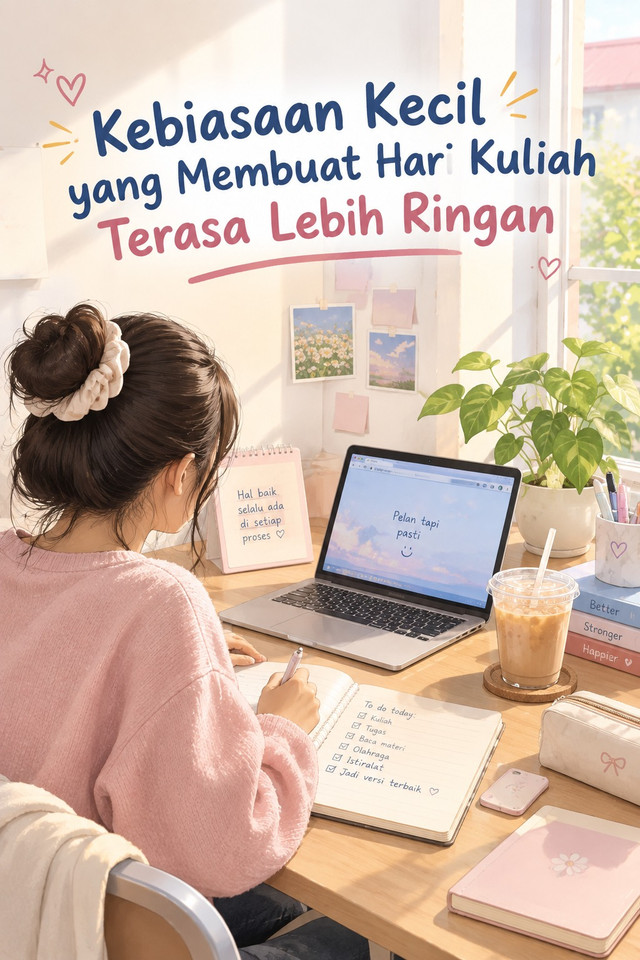 Ilustrasi mahasiswa sedang mengatur kegiatan kuliah dan mengerjakan tugas dalam suasana belajar yang nyaman.Sumber foto: Ilustrasi Al (dibuat menggunakan ChatGPT)