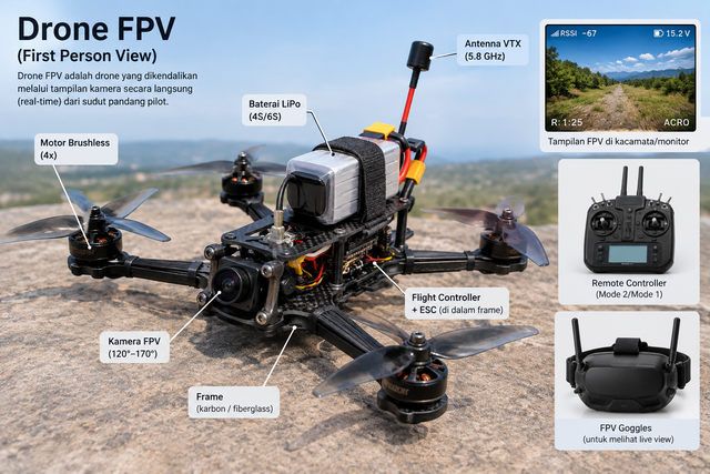 Ilustrasi bagian dan komponen dari drone FPV ( AI-generated)
