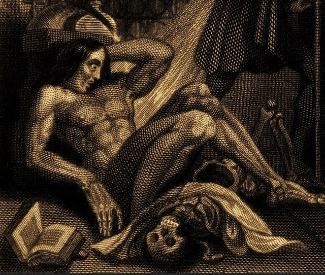 Sang monster dalam ilustrasi dekoratif novel Frankenstein terbitan 1831 oleh Theodore von Holst (sumber: dokumentasi pribadi)