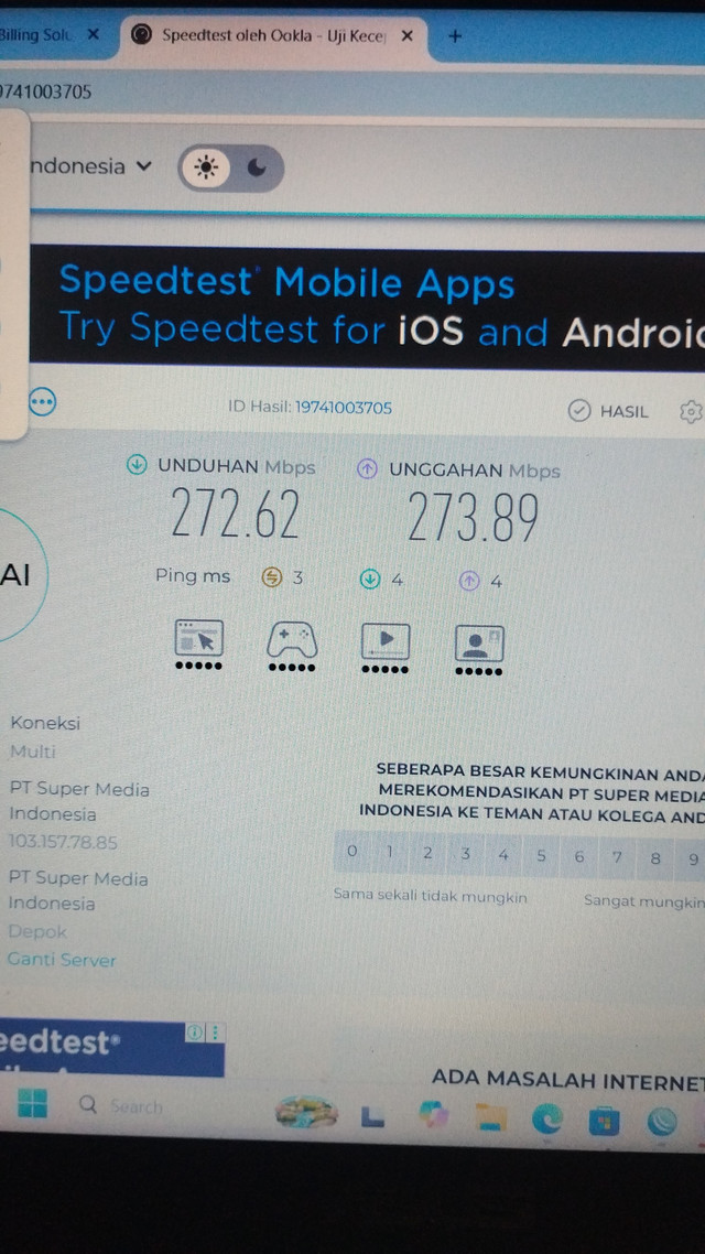 Foto Speedtest. Dokumentasi pribadi
