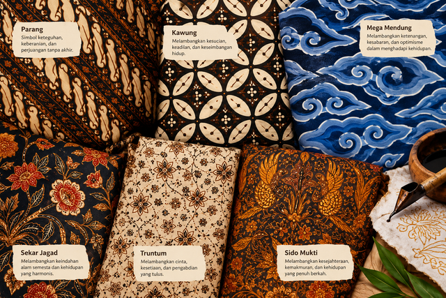 Ilustrasi Gambar berbagai macam Motif Batik ( Gambar dibuat dengan AI)