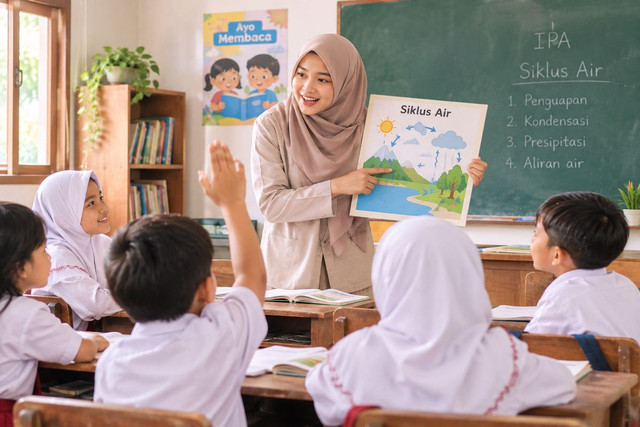ilustrasi Guru dan siswa terlibat aktif dalam kegiatan pembelajaran di kelas. sumber:ai