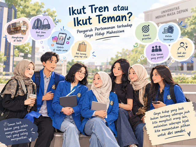 Ilustrasi pengaruh pertemanan terhadap gaya hidup mahasiswa. (sumber: ilustrasi AI dari dokumentasi pribadi)