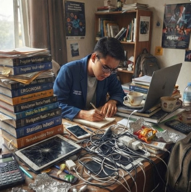 Ilustrasi meja belajar mahasiswa yang sangat berantakan dan penuh sesak dengan tumpukan buku, kabel charger kusut, laptop, dan berbagai gadget. Kondisi ini mencerminkan kurangnya efisiensi ruang yang mengganggu kenyamanan belajar. (Sumber: Ilustrasi AI)