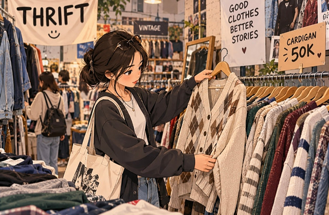 "Ilustrasi tren cardigan dan pakaian thrift yang semakin diminati kalangan Gen Z. (Sumber: Ilustrasi AI)”