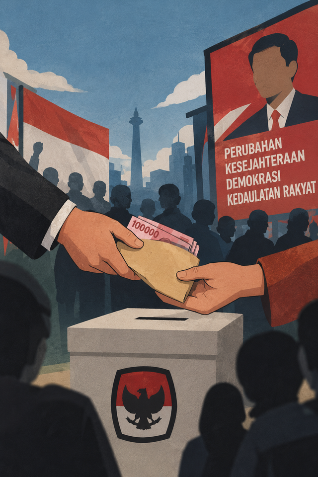 Ilustrasi Pemilihan Umum yang Dilakukan Dengan Money Politics. Ilustrasi dibuat menggunakan AI.