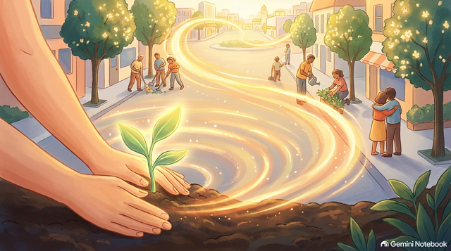 Ilustrasi setiap kebaikan yang kita tanam akan membentuk kondisi tempat kita hidup. Kepedulian yang tulus bukan sekadar transaksi, melainkan merawat keharmonisan bersama yang pada akhirnya kembali memancarkan kebaikan bagi diri kita sendiri. Photo: Gemini Notebook