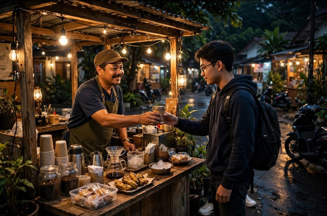 Suasana transaksi di warung kopi pinggir jalan Margonda yang tetap menjaga etika bisnis. Foto: Dok. Pribadi