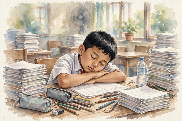 ilustrasi siswa sd kelelahan akibat tumpukan tugas. sumber:ai