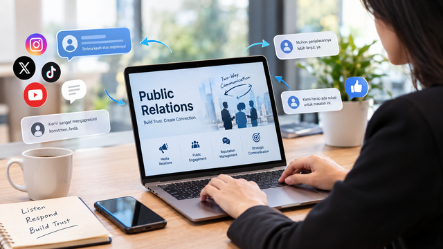 Ilustrasi dibuat menggunakan AI (OpenAI Image Generation) untuk artikel Nabila Az Zahra berjudul “Public Relations di Era Digital: Mengapa Komunikasi Tidak Lagi Cukup Satu Arah?”