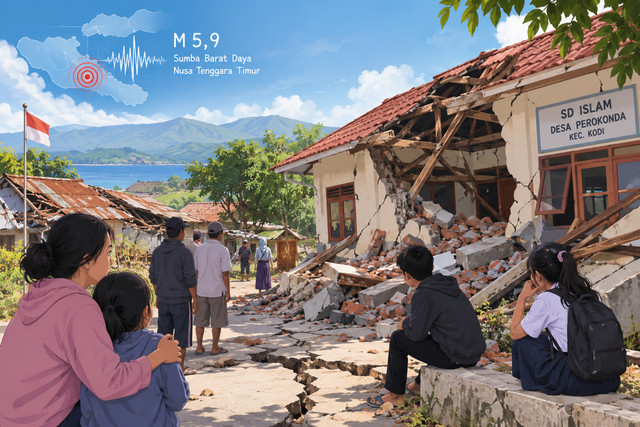 Ilustrasi kondisi setelah gempa bumi mengguncang Sumba Barat Daya.foto:chatgpt ai
