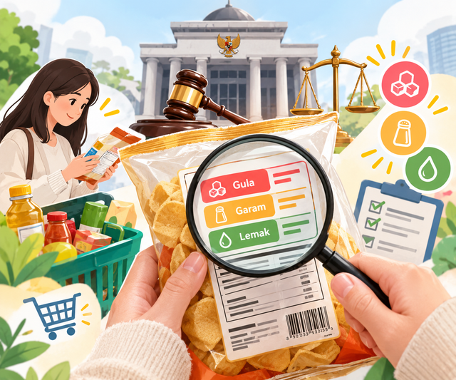 Ilustrasi konsumen memeriksa kandungan gula, garam, dan lemak pada produk makanan sebagai bagian dari pemenuhan hak atas informasi yang jelas sebelum memilih produk. Sumber gambar: Ilustrasi dibuat oleh AI