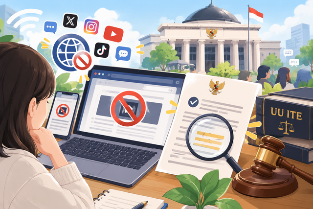 Pemblokiran konten digital yang menyoroti kewajiban pemerintah memberikan alasan tertulis sebagai bentuk transparansi dan perlindungan hak masyarakat di ruang digital. Sumber gambar: Ilustrasi dibuat oleh AI