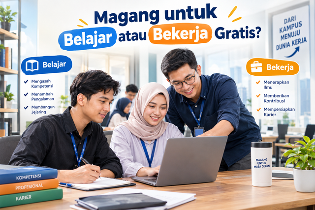 Ilustrasi mahasiswa mengikuti program magang sebagai jembatan menuju dunia kerja. (By ChatGPT)