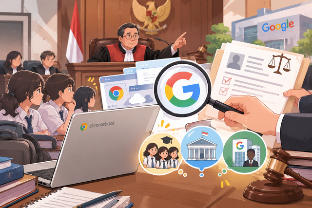 Sengketa pengadaan Chromebook yang mempertemukan kepentingan pendidikan, pemerintah, dan perusahaan teknologi dalam proses hukum yang menjadi sorotan publik.                                 Sumber gambar: Ilustrasi dibuat oleh AI