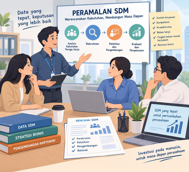 Sumber gambar : Ilustrasi dibuat menggunakan AI, 2026 "Data Bukan Sekadar Angka: Pentingnya Peramalan SDM bagi Perusahaan” membahas pentingnya peramalan sumber daya manusia dalam membantu perusahaan memperkirakan kebutuhan tenaga kerja secara tepat. Gambar tersebut menggambarkan proses perencanaan SDM, mulai dari analisis kebutuhan tenaga kerja, rekrutmen, pelatihan dan pengembangan, hingga evaluasi. Dengan peramalan yang tepat, perusahaan dapat meningkatkan produktivitas, mengoptimalkan jumlah karyawan, dan mencapai tujuan bisnis secara efektif.