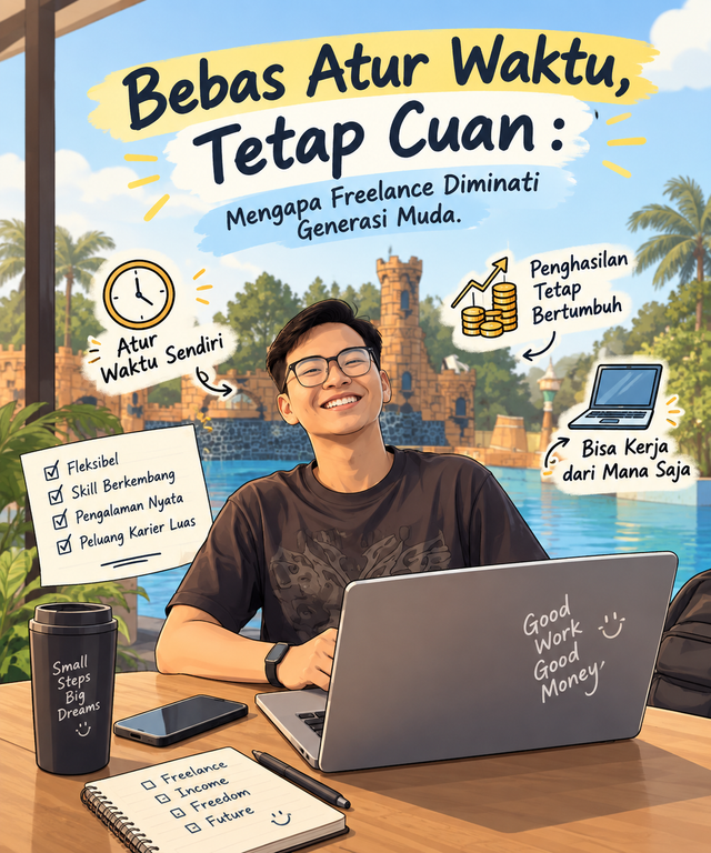 ilustrasi Bebas Atur Waktu, Tetap Cuan : Mengapa Freelance Diminati Generasi Muda (Sumber: AI Generated dari Dokumentasi Pribadi)
