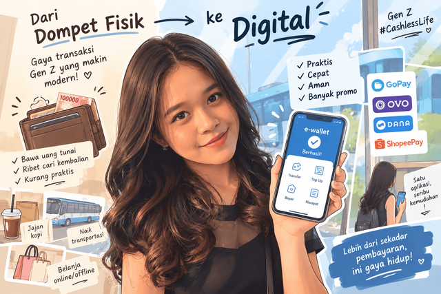 Ilustrasi Mahasiswa Sedang Bertransaksi Digital (Sumber : AI Generated dari Dokumentasi Pribadi)
