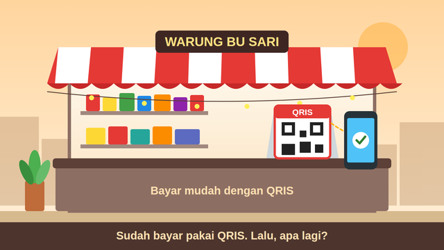 Ilustrasi warung dengan pembayaran QRIS. Digital, tapi baru langkah pertama. (Ilustrasi dibuat oleh AI)